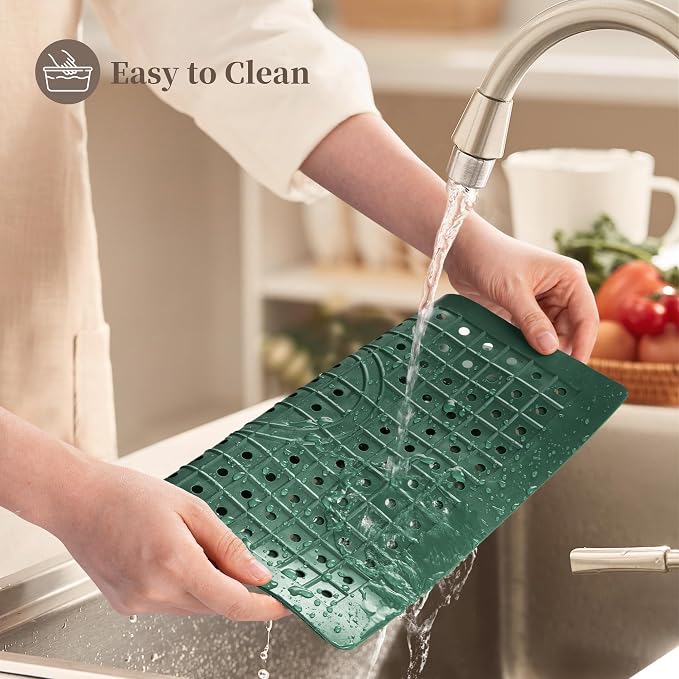WILLKOMMEN Kitchen Sink Mat, 12" x 10" Dish Drying Mat, Sink Protector Mats for Bottom of Kitchen Sink, Fast Draining Sink Mats Grid, 2 Pack Dark Green