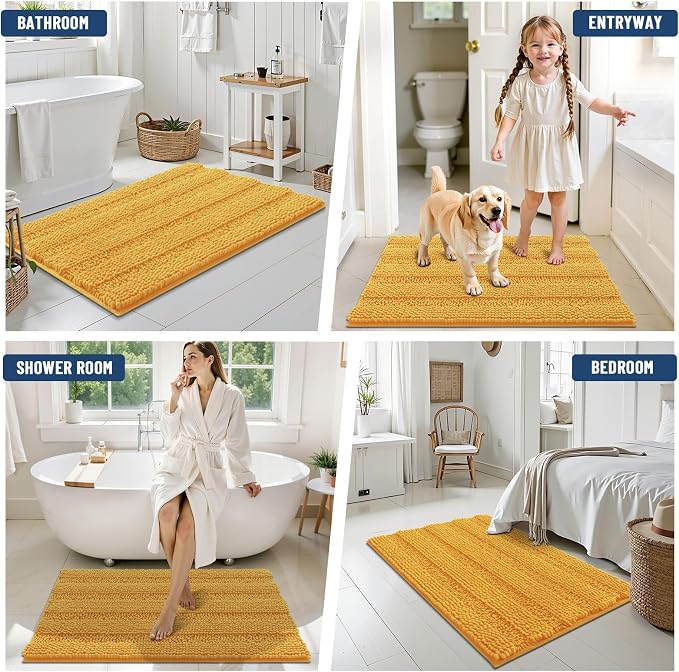 Grandaily Chenille Striped Bathroom Rugs 24x16, Extra Thick and Soft Absorbent Bath Mats, Rubber Backing, Plush Shaggy Shower Carpet, Machine Wash Dry, Bath Rug for Bathroom, Golden Yellow