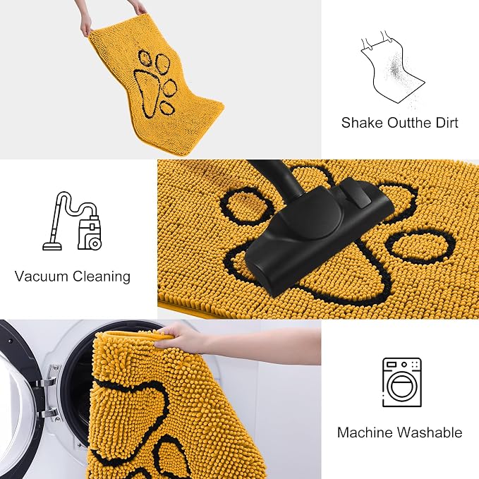 Smiry Dog Door Mat for Muddy Paws, Absorbent Dirt Trapper Non Slip Quick Dry Washable Chenille Mat for Mud Dogs, Entry Rug for Indoor and Outdoor (36x24 Inches, Golden Yellow and Black)