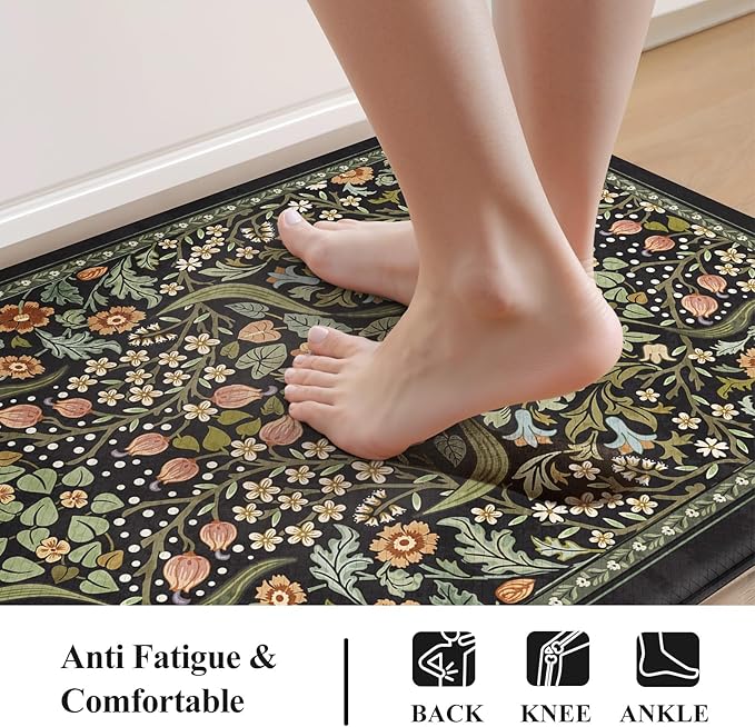 Collive Anti Fatigue Mats for Kitchen Floor, Cushioned Comfort Kitchen Rugs Sets of 2 Waterproof Non Skid Padded Sink Rugs, Boho Floral Rug Black Standing Mat for Office, Laundry