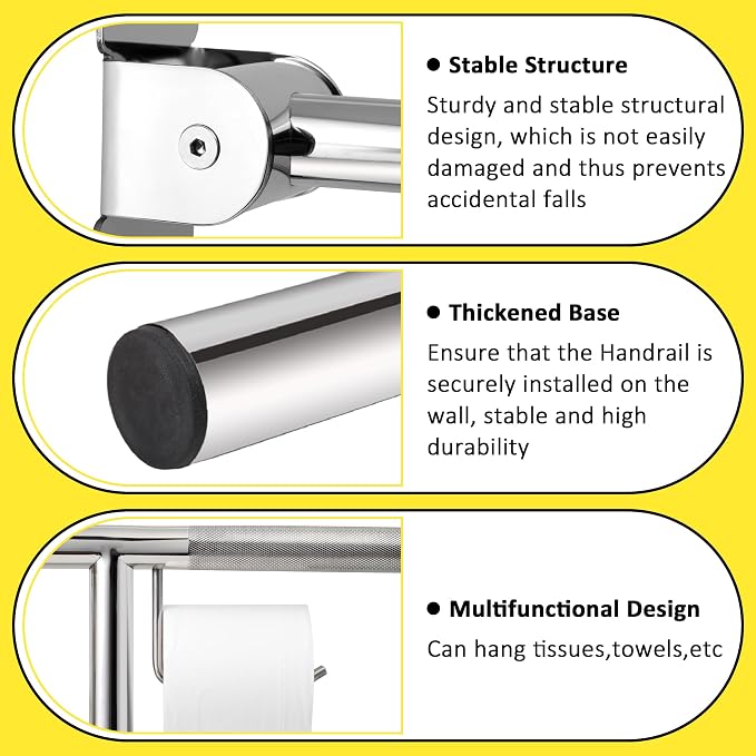 Handicap Grab Bar,23.6 Inch Stainless Steel 1.25" Diameter Toilet Safety Rails for Bathroom with Paper Holder, Anti-Slip Flip-Up Support Rail for Seniors Elderly