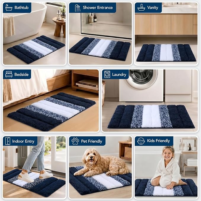 XIYUNTE Thick Bathroom Rug Set of 2 Piece, 32"x20"+24"x16" Extra Soft Microfiber Blue and White Bath Rugs, Quick Dry Super Absorbent Rubber Backing Non Slip Washable Bath Mats for Floor Tub Shower