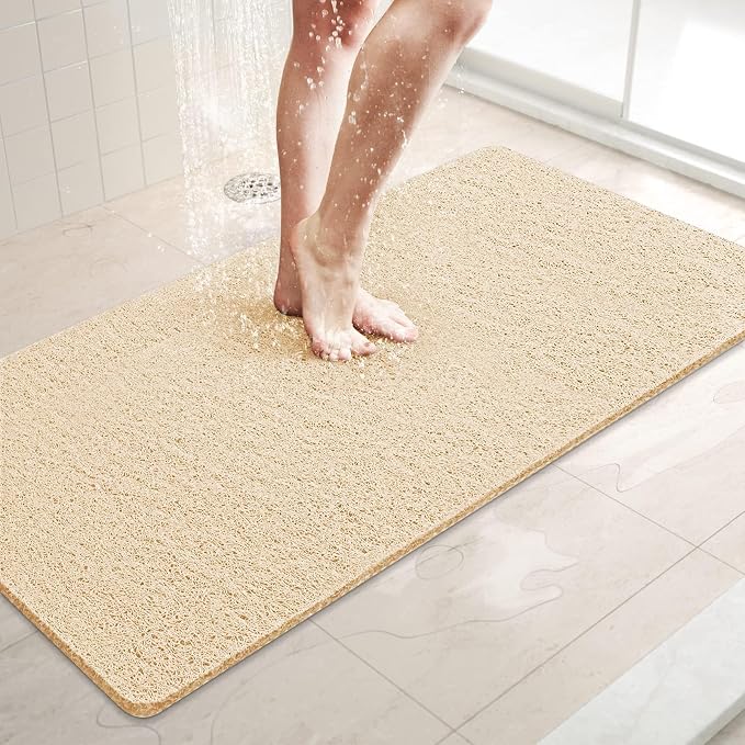 LuxStep Shower Mat Bathtub Mat,36x16 inch, Non-Slip Bath Mat with Drain, Quick Drying PVC Loofah Bathmat for Tub,Shower,Bathroom (Phthalate Free,Khaki)
