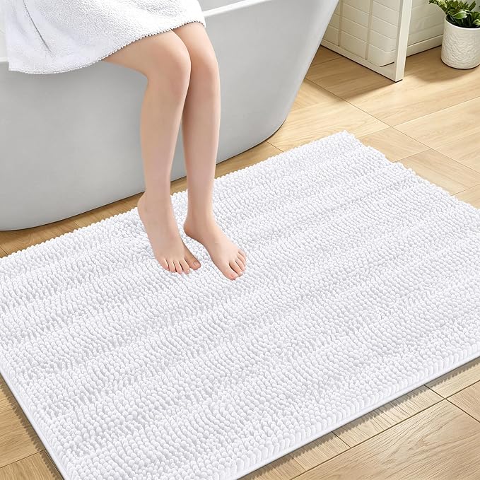 OLANLY Thick Large Bathroom Rugs 44x32, Extra Soft Absorbent Chenille Striped Bath Rugs, Rubber Backing, Machine Wash Dry, Bath Mats for Bathroom Floor, Tub and Shower, Home Decor Accessories, White