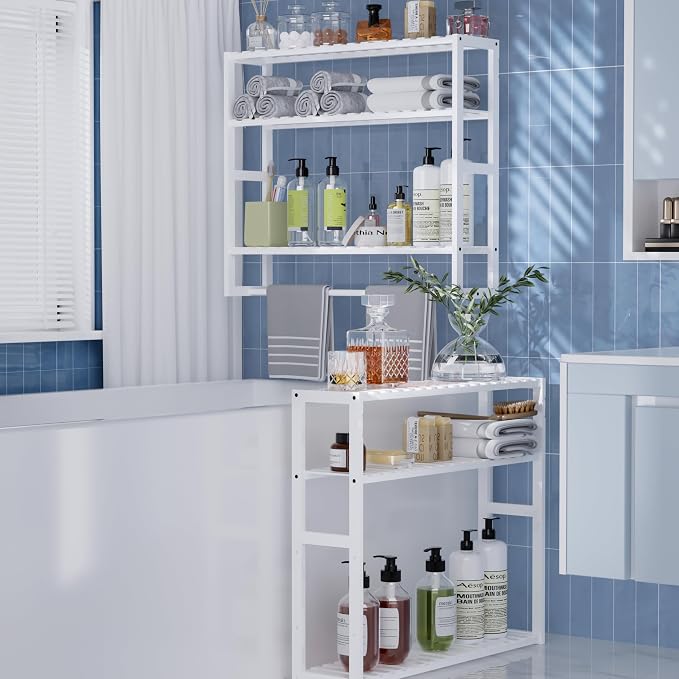 PPN Extra Large Towel Rack Bathroom Storage Shelves Over The Toilet with Towel Bar 100% Bamboo Adjustable Height Floating Shelf Wall Shower Shelf for Small Space Bathroom Kitchen Multi Usage