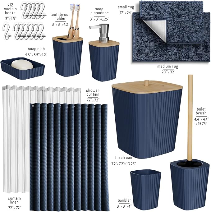 Clara Clark Bathroom Accessories Set - Bathroom Set, Bathroom Sets with Shower Curtain and Rugs, Shower Curtain Set with Bathroom Trash Can - Navy - 22PC