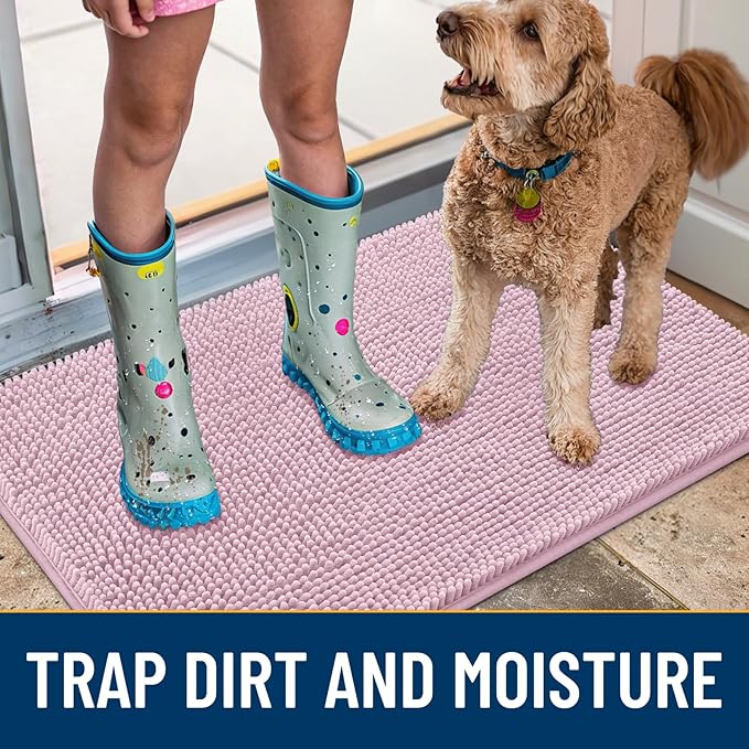 Smiry Dog Door Mat for Muddy Paws 48x30, Absorbent Dirt Trapper, Non-Slip Washable Chenille Entryway Rug for Inside Floor, Dusty Rose, Classic Solid
