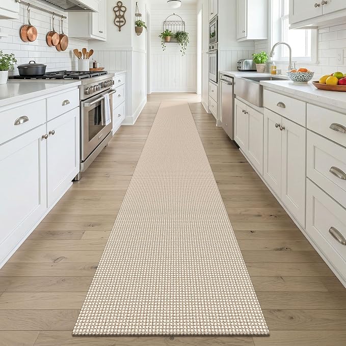 KOZYFLY Braided 2x18 Runners Rugs for Hallway, Extra Long Washable Runner Rug, Woven Non Slip Kitchen Runner, Cotton Entryway Rug, Floor Carpet for Entry, Aisle, Hall, Ivory/Camel/Brown