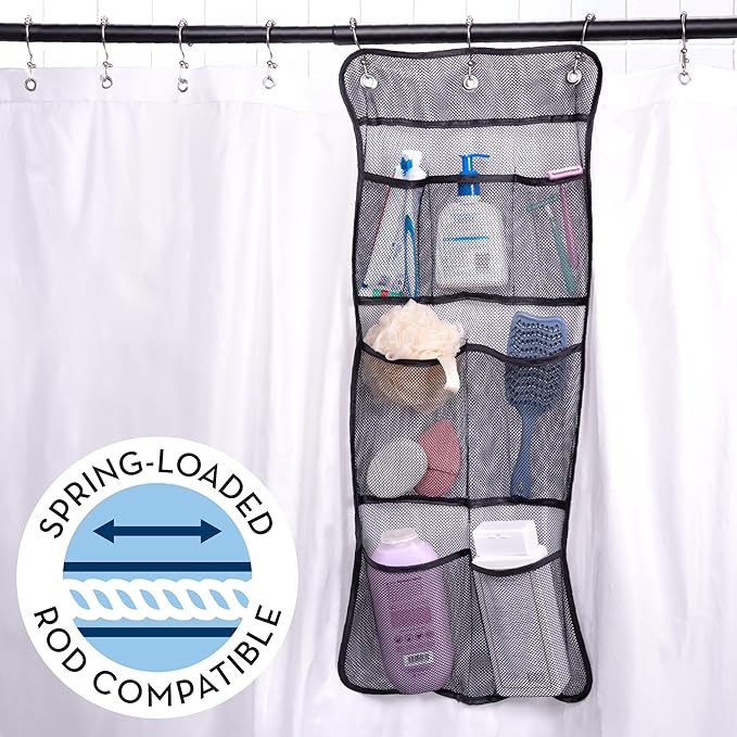 S&T INC. Shower Organizer, Shower Caddy & Bathroom Organizer, 2 Pack, Black | Quick Drying Mesh, 7 Pockets to Hold Shampoo, Soap, Loofah, and Cruise Ship Essentials