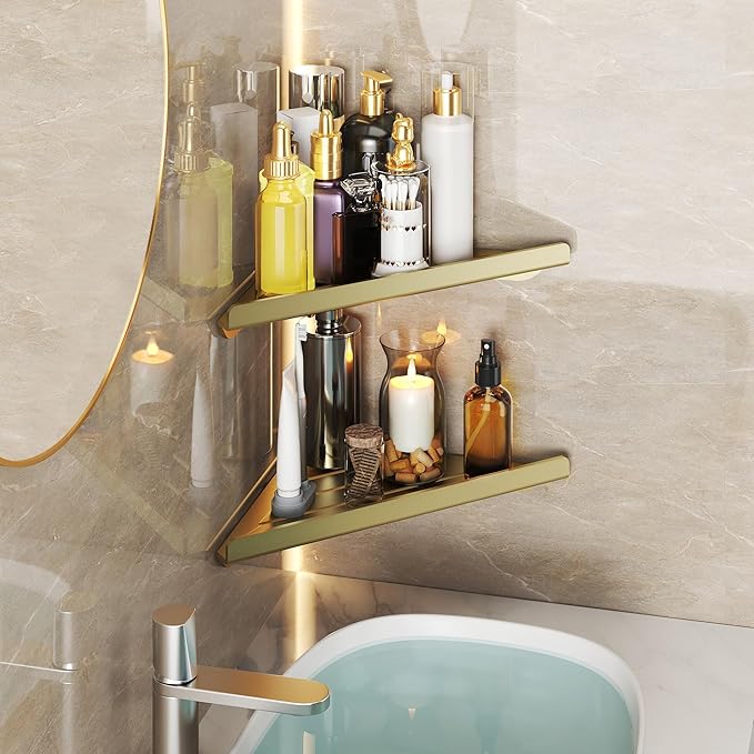 Corner Shower Shelves, 2-Tier Triangle Gold Shower Candy, 304 Stainless Steel Corner Shelf Will not Rust, Wall Mounted Caddy Shelves Easy to Install,Bathroom Storage Shelf for Toilet