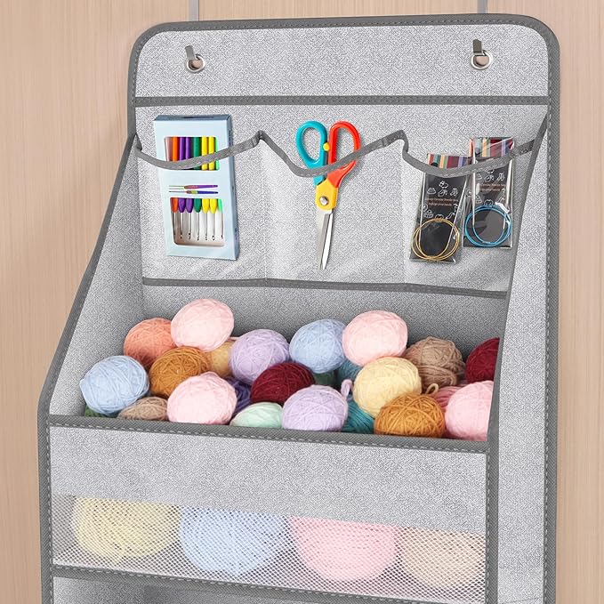 Univivi 5-Shelf Door Storage Over Door Hanging Organizer with 4 Large Pockets and 3 Small PVC Pockets Nursery Closet Cabinet Wall Mount Hanging Storage Organizers for Baby Nursery (Grey Pattern)