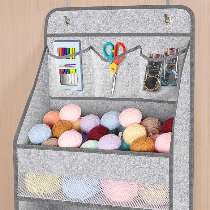 Univivi 6-Shelf Over Door Hanging Organizer Fabric Baby Door Storage with 5 Large Pockets and 3 Small PVC Pockets Wall Mount Hanging Storage Organizers for Baby Essential (Grey Pattern)