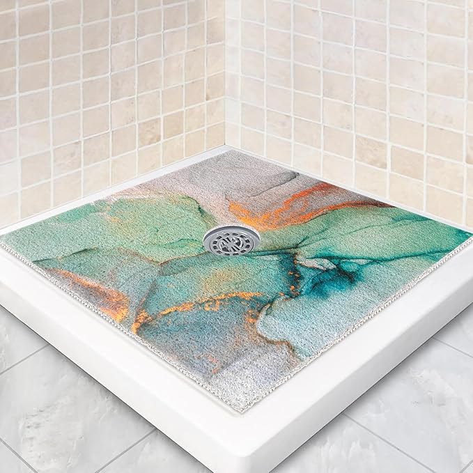 Square Shower Mat Non Slip: 32 x 32 Inch Extra Large Shower Mats with Drain Hole in Middle - PVC Loofah Anti Slip Shower Floor Matt for Inside Shower