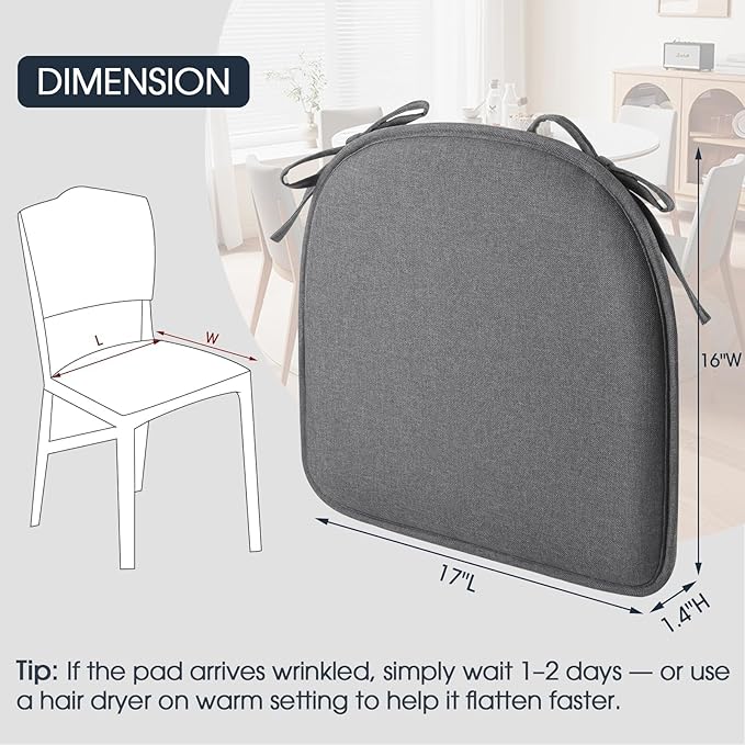 TushGuard Chair Cushions, 4 Pack Memory Foam Chair Pads, Seat Cushion, Kitchen Chair Cushions Set of 4, Anti-Slip Backing & Fixed Straps,Grey