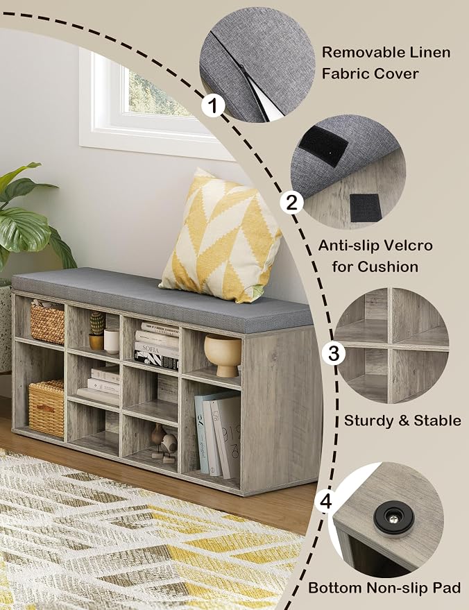 DINZI LVJ Shoe Bench, 12 Cubbies Shoe Organizer for Entryway, Storage Bench with Cushion, Cubby Shoe Rack with Adjustable Shelves for Living Room, Bedroom, Mudroom, Hallway, Gray Wash