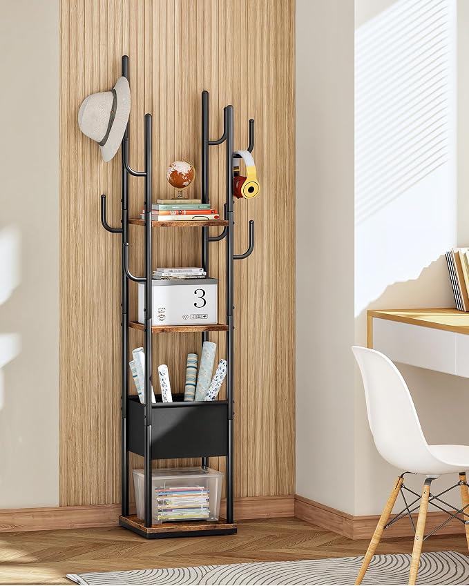CHOEZON Coat Rack Freestanding, Coat Rack with 3 Shelves, 8 Hooks and 1 Fabric Pouch, Square Coat Hanger Stand, Metal Clothes Tree for Living Room, Bedroom, Entryway, Rustic Brown and Black TYM03BF