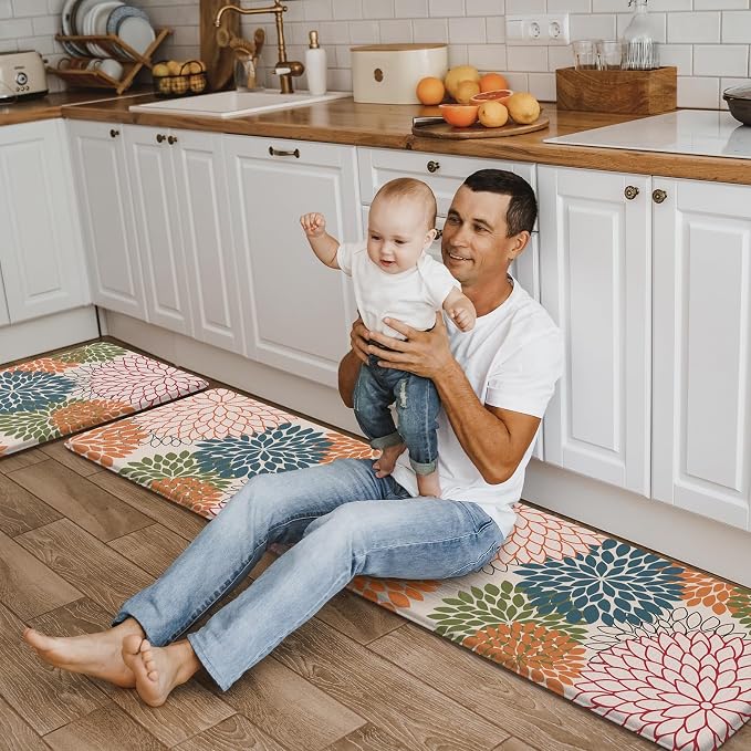 Collive Kitchen Rugs and Mats Cushioned Anti Fatigue Kitchen Mat 2PCS Non-Skid Waterproof Kitchen Runner Rug Comfort Foam Standing Mat for Floors,Office,Laundry,Sink,Floral
