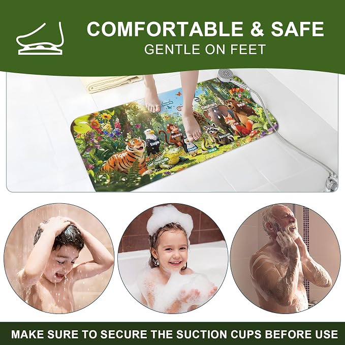 Bath Tub Mat Non Slip Bath Mat Shower Mat for Baby Adults, BPA Free Extra Long Bathtub Mat, 40x16 Inches Eco-Friendly Kids Bath Mats with Suction Cups and Drain Holes, Machine Washable,Animals