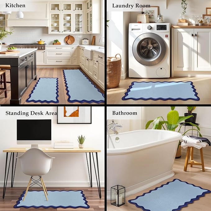 Arenarug Scalloped Navy Blue Kitchen Mats Rugs Sets of 2 Cushioned Anti Fatigue Floor Mat Waterproof Kitchen Rugs Non Slip Foam Comfort Standing Mat for Sink Laundry