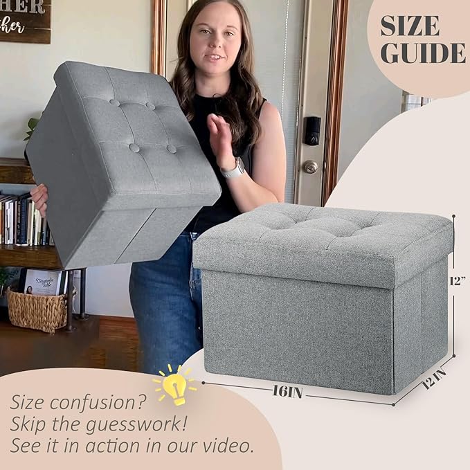LINMAGCO Ottoman Storage Ottoman with Storage Small Foot Rest Stool Under Desk Stool Short Folding Footrest Linen Cloth Light Gray 16X12X12IN