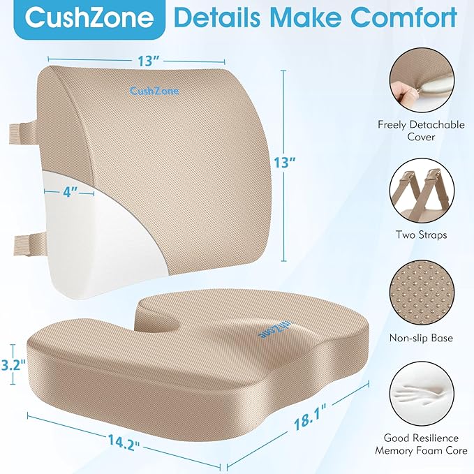 CushZone Ergonomic Seat Cushion & Lumbar Support Pillow - Memory Foam for Sciatica Pain Relief & Posture Correction, Non-Slip Chair Cushions for Office Chair/Car/Wheelchair/Travel, Khaki