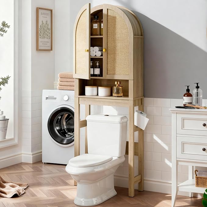 HMstone Over The Toilet Storage Cabinet, Arched Bathroom Organizer and Storage with Rattan Doors and Adjustable Shelf, Space-Saving Freestanding Bathroom Modern Storage Cabinet Over Toilet (Natural)