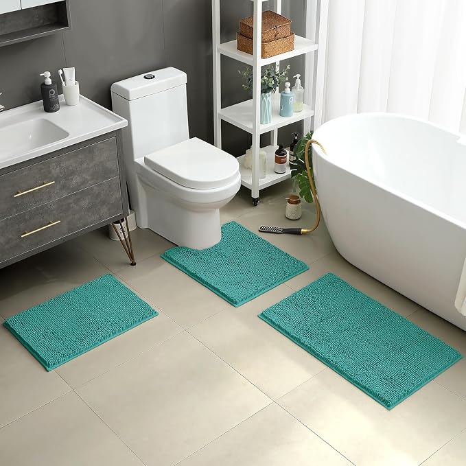 HOMEIDEAS 3 Pieces Bathroom Rugs, Ultra Soft Non Slip Absorbent Chenille Toilet Bath Mat Set (Teal)