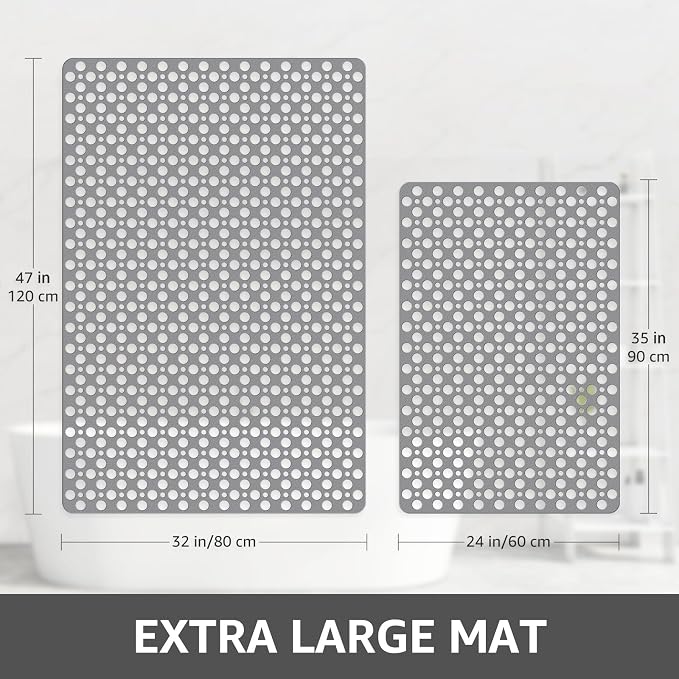 Yolife Large Shower Mat, 35 x 24 inch Non Slip Shower Mats for Inside Shower with Drain Hole, No Odor Soft TPE Shower Floor Mat, Extra Large Non Slip Shower Mat with Suction Cups, Grey