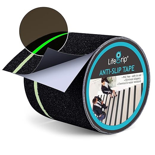 LifeGrip Anti Slip Traction Tape with Glow in Dark Green Stripe, 4 Inch x 15 Feet - Best Grip, Friction, Abrasive Adhesive for Stairs, Tread Step, Indoor and Outdoor, Black (4 inch X 15 feet)