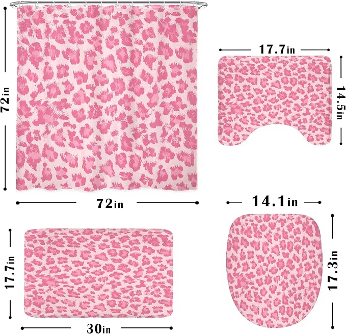 4 PCS Pastel Pink Leopard Print Shower Curtain Set 72Wx72H,Toilet Lid Cover,Non-Slip Rugs and U-Shaped Mat,Wild Cheetah Bathroom Sets with Rugs with 12 Hooks for Bathroom Decor