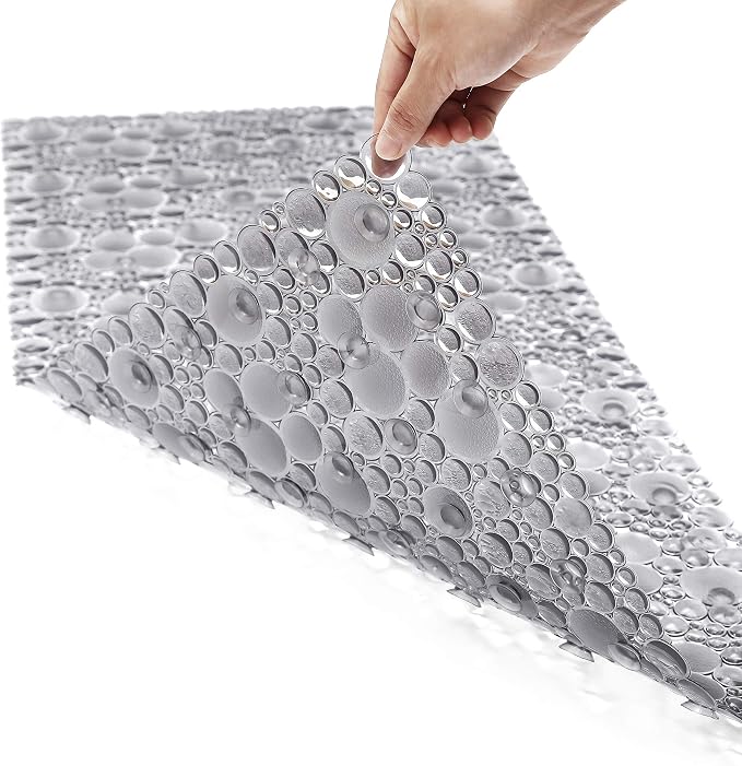 Extra Long Pebble Bath Tub Shower Mat 34.2 x 15.7, Bathmat Non-Slip with Suction Cups, Machine Washable, Bathroom Mats, Smooth/Non-Textured Surface Only (34.2" x 15.7", Transparent Light Gray)