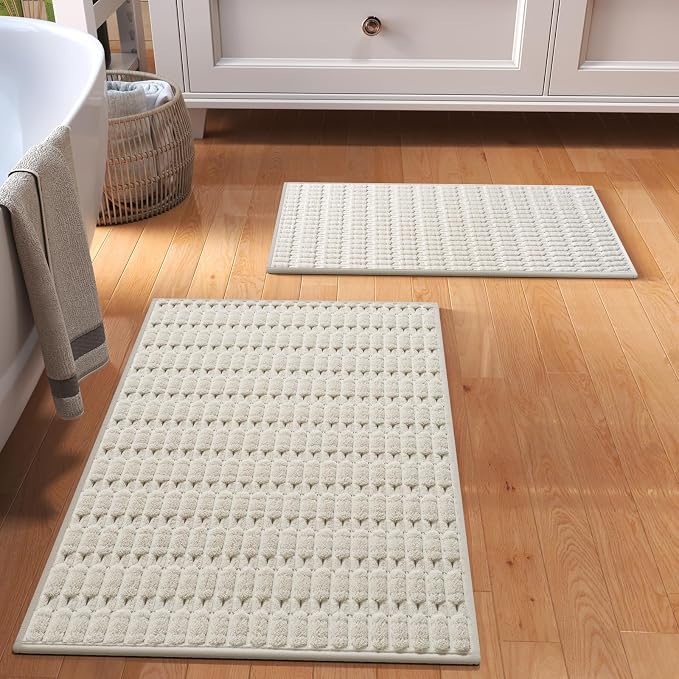 Bathroom Rugs Mat Quick Dry Absorbent Non Slip Bath Mat Bath Mats for Bathtub Mat Bathroom Carpet Fit Under Door Washable Floor Bath Rugs Beige 16x24-2pc