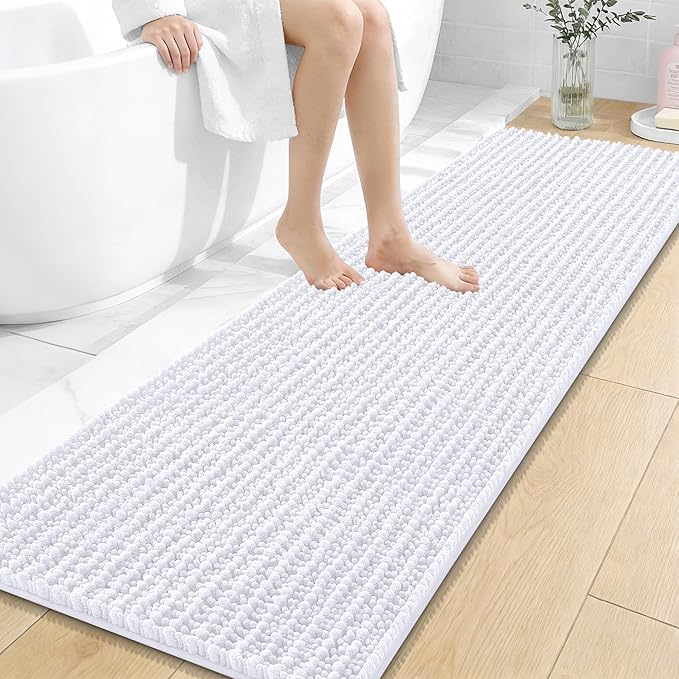OLANLY Long Bathroom Rugs Runner 59x20, Thick Soft and Absorbent Chenille Bath Mat, Non-Slip, Machine Washable Quick Dry Bath Rugs for Tub Shower Floor, Home Decor Accessories, White