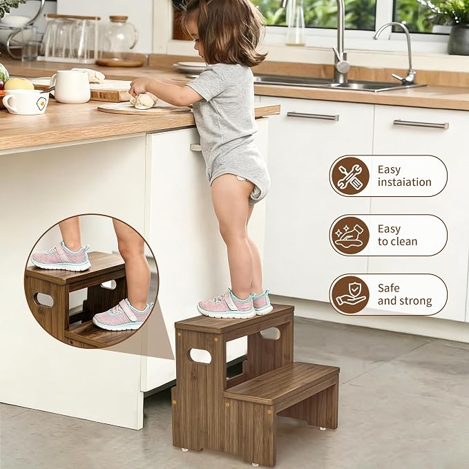 Two Step Stool for Adults and Kids, 450lbs Heavy Duty Step Stool, Bamboo Step Stool for High Beds, Portable Helper Step Stairs for Kids, for Kitchen, Bathroom, RV, Bedside Step Stool, Walnut