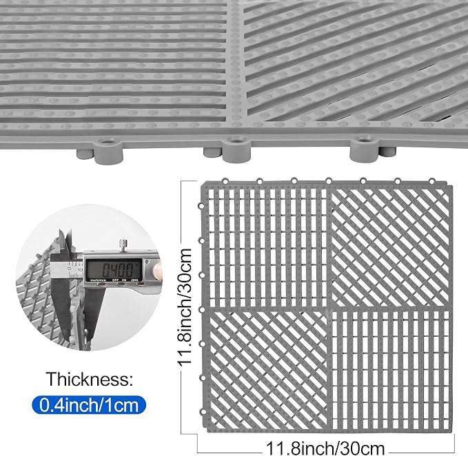 ToLanbbt Modular Interlocking Cushion 12P 11.8" x 11.8" Interlocking Rubber Floor Drain Holes Non-Slip Splicing Drainage Mats for Deck, Shower, Kitchen, Drain Pool, Sauna Bath (Grey, 1 Rows Dots)