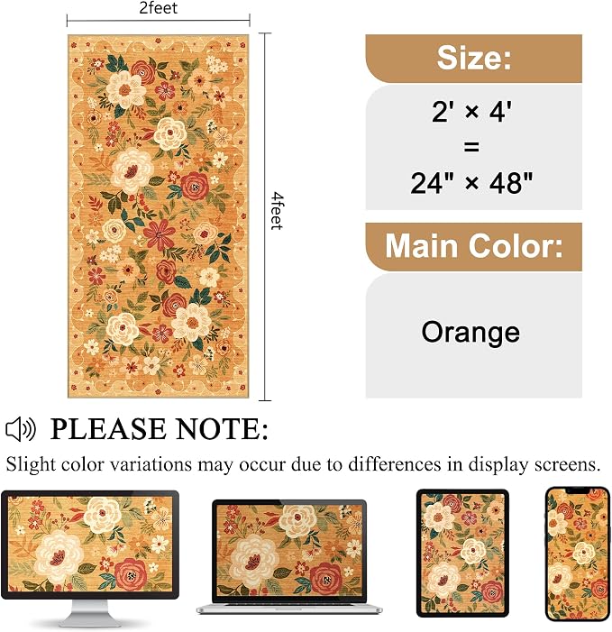 DUKINO 2x4 Rug for Entryway, Washable Kitchen Floral Runner Rug with Non Slip Backing, Low Pile Soft Boho Carpet for Kitchen, Hallway, Entryway, Laundry, Bedroom, Orange