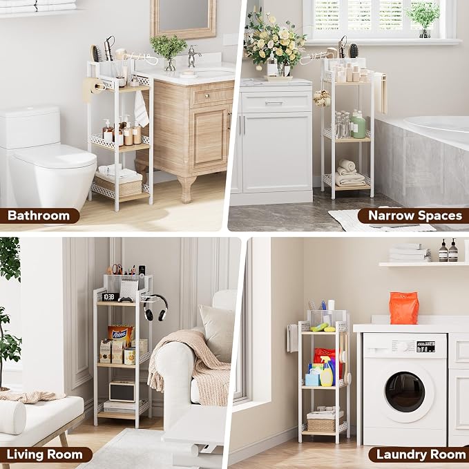 Slim Bathroom Storage Shelf Unit, 3 Tier Corner Storage, Rustic Makeup Organizer, Space-Saving Floor Standing Storage Shelves for Bathroom, Vanity,Kitchen, Laundry 9.85in Matte White