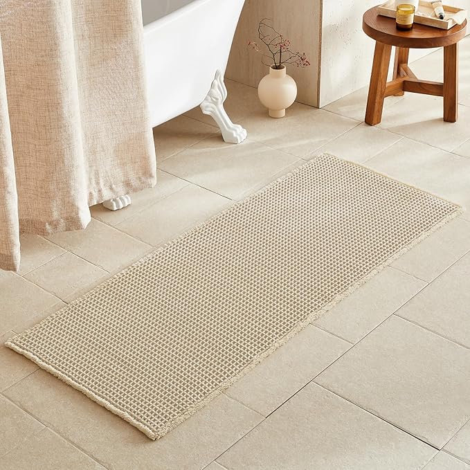 TYUU Pale Beige Long Bathroom Rug, Waffle Runner Rug Bathroom Non Slip Washable Super Absorbent Quick Dry Boho Farmhouse Bath Mat, 60''x24'' Pale Beige