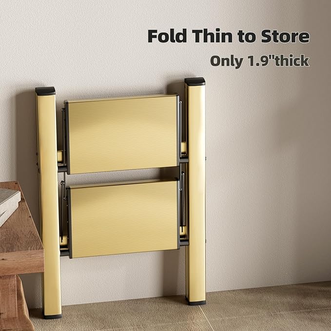 HillhutApex 2 Step Ladder, Lightweight Portable 2 Step Stool with Anti-Slip Wide Pedal,330lbs Capacity Aluminum Ladder for Household,Office,Library(Gold)