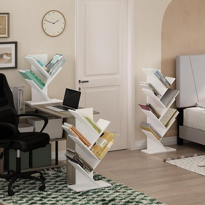 Furinno Tree Book Shelf, 5-Tier Bookshelf with Angled Open Shelf, Tree Bookcase for Room Decor, 8.4 x 15.7 x 30.3, for Organization and Storage, for Living Room, Bedroom, Home Office, White