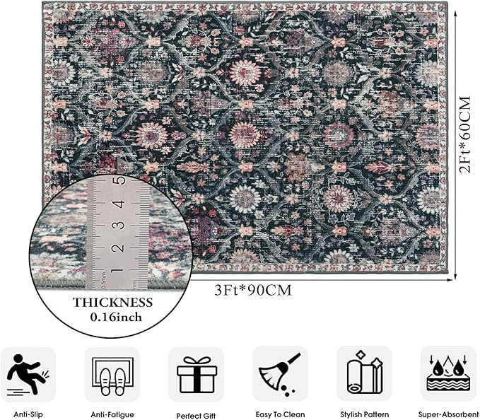 Lahome Moroccan Trellis Washable Rug, 2x3 Entryway Rugs for Kitchen Bathroom, Non-Slip Indoor Door Mat Ultra-Thin, Small Oriental Throw Carpet for Bedroom Entry Elise, Black/Multi