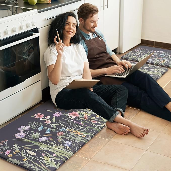 KIMODE Anti Fatigue Kitchen Mat for Floor, 17"x59"+17"x29" Floral Kitchen Rugs Sets of 2, Kitchen Floor Mats Non-Slip, Cushioned Standing Desk mat for Sink, Laundry, Office Dark Grey/Purple