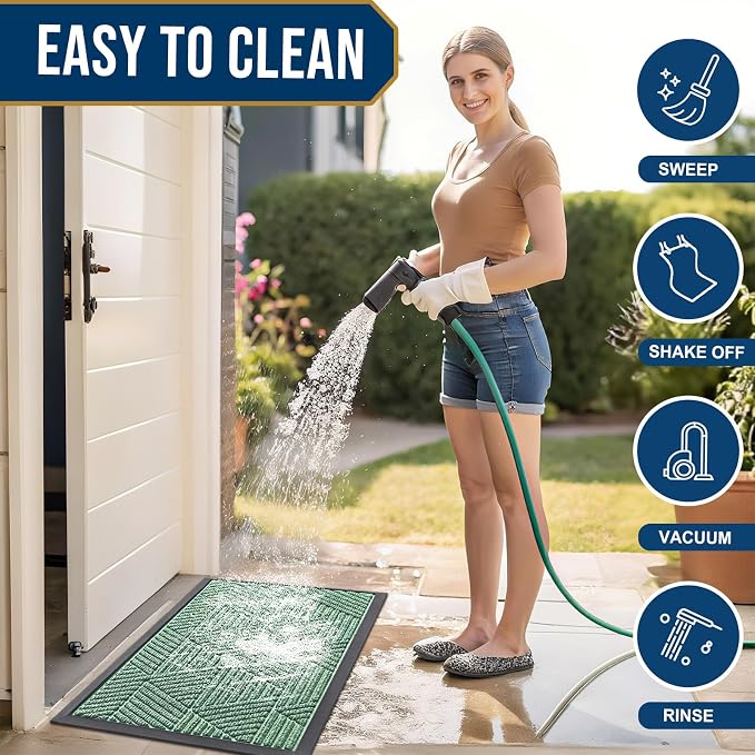 Smiry Front Door Mat Outside Entrance, Heavy Duty Sturdy Natural Rubber Doormat, Trap Dirt and Moisture, Easy Clean Low Profile Mats for Indoor Outdoor Entry, Irregular Triangle (29.5x17, Mint Green)