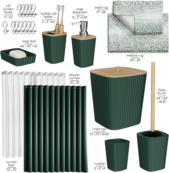 Clara Clark Bathroom Accessories Set - Bathroom Set, Bathroom Sets with Shower Curtain and Rugs, Shower Curtain Set with Bathroom Trash Can - Ombre Green - 22PC