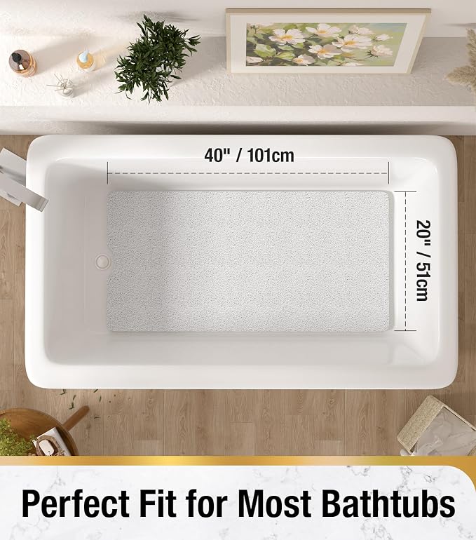 HITSLAM Non Slip Bathtub Mat 40 x 20 Inch, Extra Long Bath Mat for Tub, Soft PVC Loofah Shower Floor Mat with Drain, Quick Drying Bathroom Tub Mat for Wet Area, Without Suction Cup, White