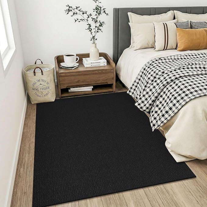 KOZYFLY Black Washable 4x5 Entry Woven Area Rug, Braided Throw Rugs for Entryway, Non Slip Door Mat Indoor Entrance, Flatweave Carpet for Foyer, Bedroom, Dining, Office, Black/Dark Grey