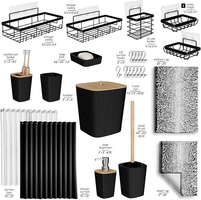 Clara Clark Bathroom Accessories Set - 27PC Bathroom Set with Adhesive Corner Shower Caddy Hanging, Bathroom Sets with Shower Curtain and Rugs, Ombre Black Shower Curtain Set with Bathroom Trash Can