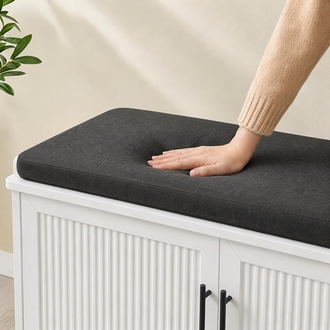 Akxomel Fluted Shoe Storage Bench with Cushion, 39.4" Entryway Bench with Adjustable Shelves and 2 Doors, Shoe Cabinet Bench with Curved Profile, for Hallway, Living Room, Bedroom, White