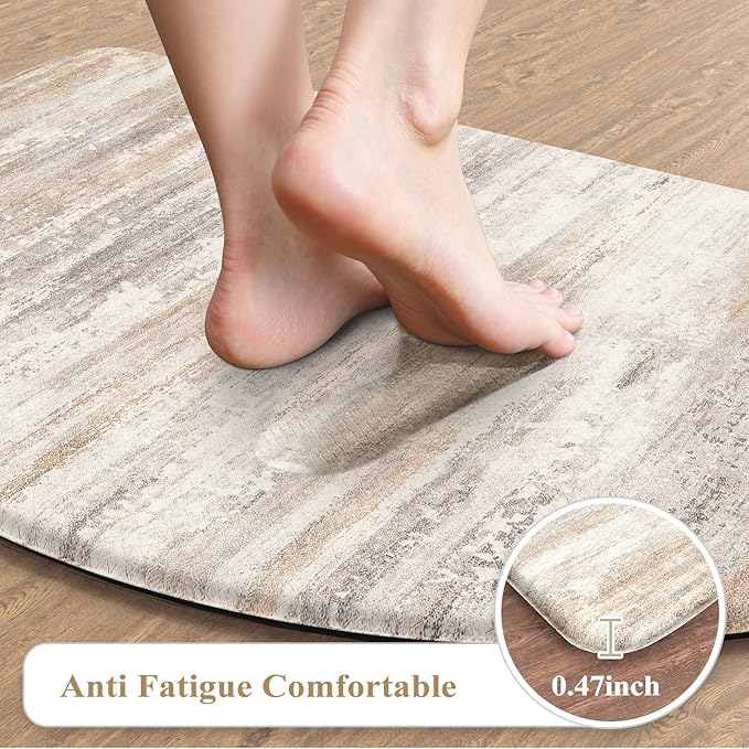 KIMODE Kitchen Mats for Floor Anti Fatigue, 18"x28" Half Round Cushioned Kitchen Floor Mat, Ergonomic Waterproof Standing Mat, Boho Kitchen Rug Non Skid for Sink Laundry Office Desk Light Brown