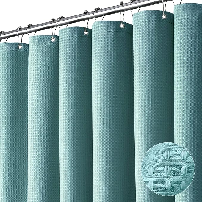 Dynamene Extra Long Shower Curtain,96 Inch Long Waffle Weave Heavy Duty Thick Fabric Bathroom Shower Curtain, Neutral Weighted Hotel Bath Curtain Set with 12 Plastic Hooks,72x96,Teal